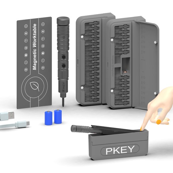 PKEY Cordless Electric Screwdriver Set, Mini Electric Screwdriver, 28 Magnetic Bits, 3 Gears Torque, Two batteries，Rechargeable Portable Repair Tool Kit for Electronics Laptops Clocks Glasses Camera