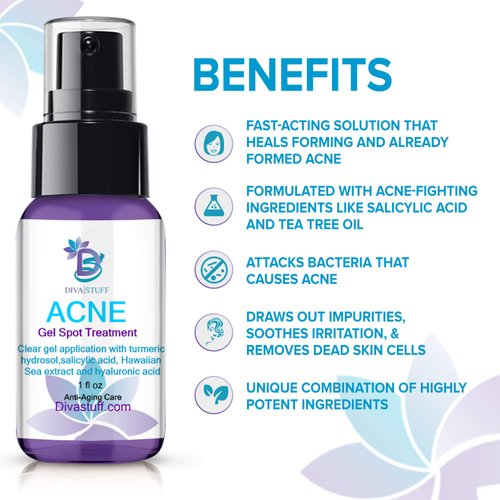 Acne Gel Spot Treatment By Diva Stuff,With Salicylic Acid, Hawaiian Sea Extract,Lactic Acid, Tea Tree, Turmeric Hydrosol, Hyaluronic Acid and More, 1oz