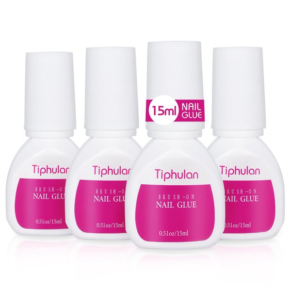 TIPHULAN 60ml 2.11Oz Nail Glue for Press On Nails, Acrylic Nails, Nail Tips - Brush On Nail Glue Easy Application, Super Strong, Long Lasting, Mess Free, Travel Friendly(4Pcs)