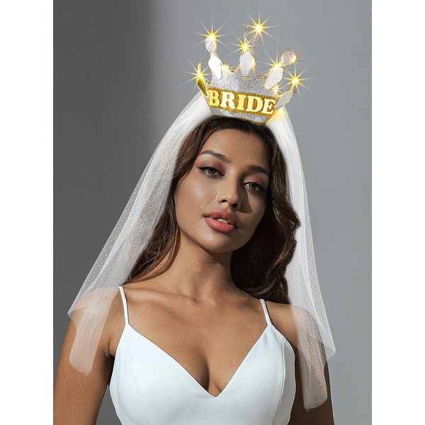 GENBREE Light Up Bride Veil Headband Silver Led Crown Headpiece Bridal Short Veils Headbands Party Bachelorette Hair Accessories for Women