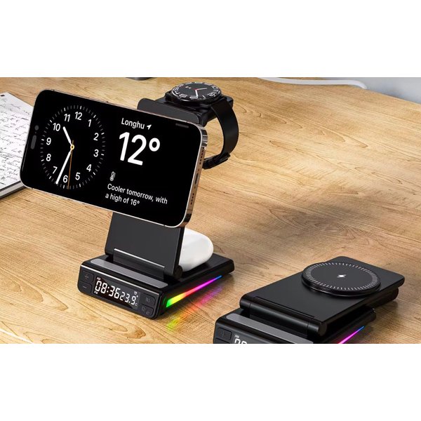 Wireless Desk Charging Stand for Smart Watch, Smart Phones and Earphones with Dual LED Display, Digital Clock and Temperature Monitor, Black Folding Charger
