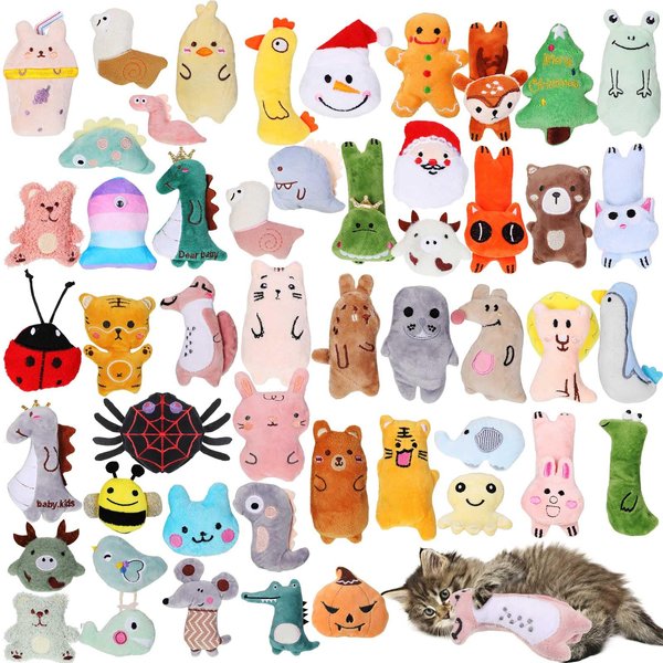 Sratte 50 Pieces Cat Toys Bulk Catnip Indoor Interactive Chew Toys Different Soft Cotton Cute Shapes Inside Kitten Entertaining Kitty Plush Training Chewing Birthday Gift Pillow(Classic)