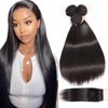 BLACKMOON HAIR Brazilian Virgin Straight Hair 3 Bundles With Free Part Lace Closure Unprocessed Virgin Human Hair Extensions Hair Weave Natural Black Color (20 20 22 + 18 Inch Closure)