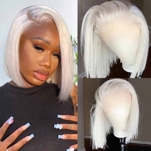 12" Ash White 60# Grey Platinum Blonde 13x4 Short Bob Human Hair REAL SKINLIKE Lace Front Wigs for White Women Pre Plucked Bleached Knots HD Transparent Lace Natural Hairline Brazilian Hair Wigs 150%