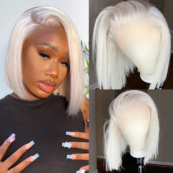 12" Ash White 60# Grey Platinum Blonde 13x4 Short Bob Human Hair REAL SKINLIKE Lace Front Wigs for White Women Pre Plucked Bleached Knots HD Transparent Lace Natural Hairline Brazilian Hair Wigs 150%