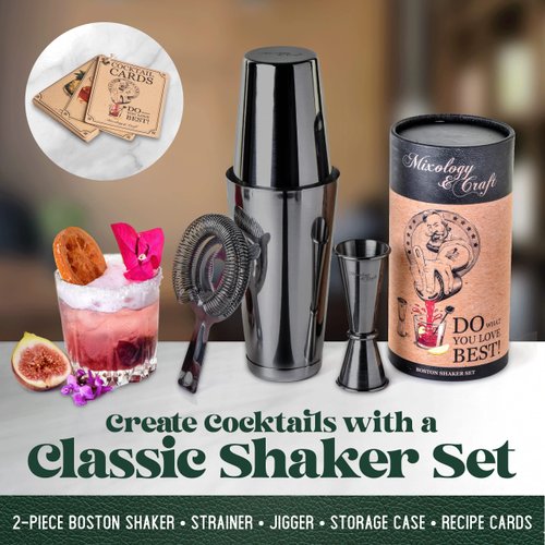 Mixology Cocktail Shaker Boston Shaker Set Professional Weighted Martini Shakers, Strainer and Japanese Jigger, Portable Bar Set for Drink Mixer Bartending, Exclusive Recipes Cards (Gun-Metal Black)