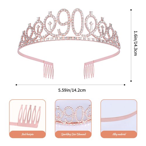 JasperKino 90th Birthday Sash and Tiara Set Rose Gold Birthday Sash Crown Birthday Party Favors Supplies for Girls Birthday Party