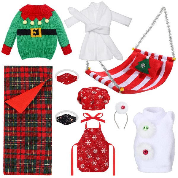 Aoriher 10 Pcs Christmas Elf Doll Accessories Set Includes Elf Doll Clothes Kit Doll Sleeping Bag Bathrobe Apron Chef Hat Hammock Elf Doll Mask for Xmas Elf Doll Costume Outfits(Cool)