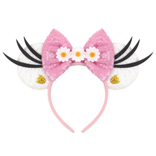 Beauty Ears Head Band Daisy Mouse Ears Headband for Women Velvet Hair Bow Headwear for Girls&Boys - Sparkle Sequins Mouse Hair Bands with Big Ears Essencial Accessories for Trip (daisypink)