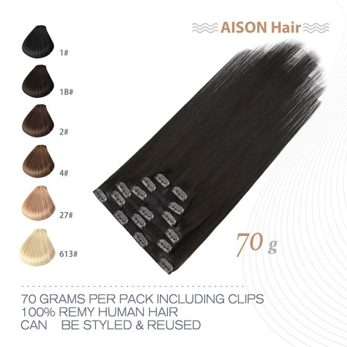 Aison Dark Brown Clip in Hair Extensions Real Human Hair 70G 100% Remy Human Hair Clip in Extensions Soft Silky Straight for Fashion Women 7pcs 16clips 18 Inch Brown Hair Extensions