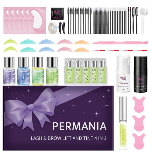 PERMANIA Lash Lift Kit, Salon Grade Supplies for Eyelash Lift and Brow Lamination Black Color 4 in 1 Fast Quick Curling & Coloring 10ml Natural Result Hair Color Developers