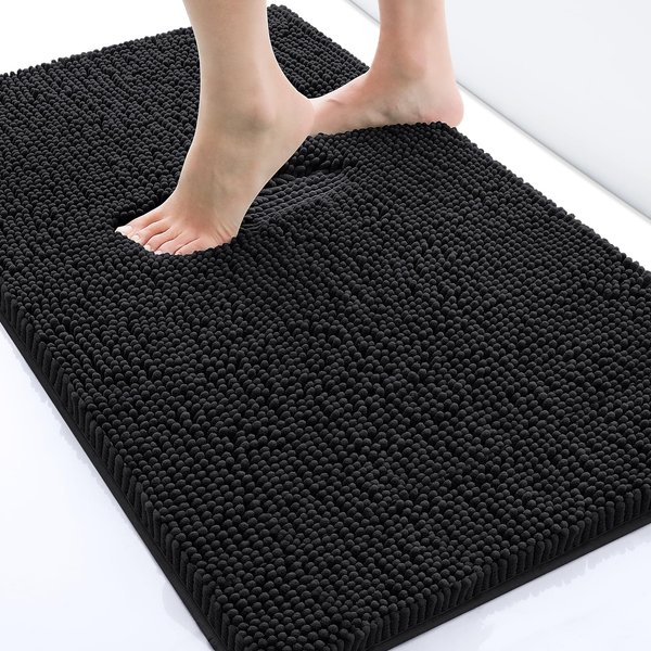 smiry Luxury Chenille Bath Rug, Extra Soft and Absorbent Shaggy Bathroom Mat Rugs, Machine Washable, Non-Slip Plush Carpet Runner for Tub, Shower, and Bath Room (24''x16'', Black)