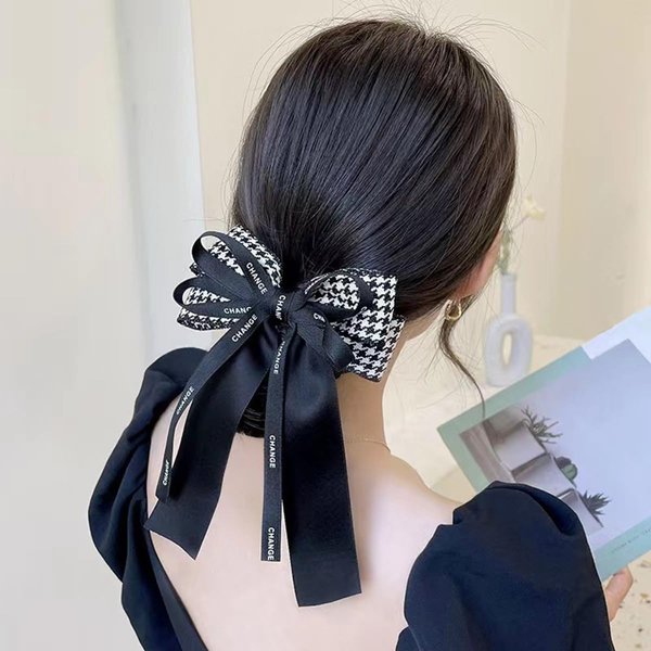 CAIHE 1Pcs Satin Silk Hair Bow Scrunchies Clips with Long Tail Bowknot Ponytail Holder Elastic Hair Ribbon Ties Ropes Women Girls Accessories For Christmas Birthday Gifts(Black)