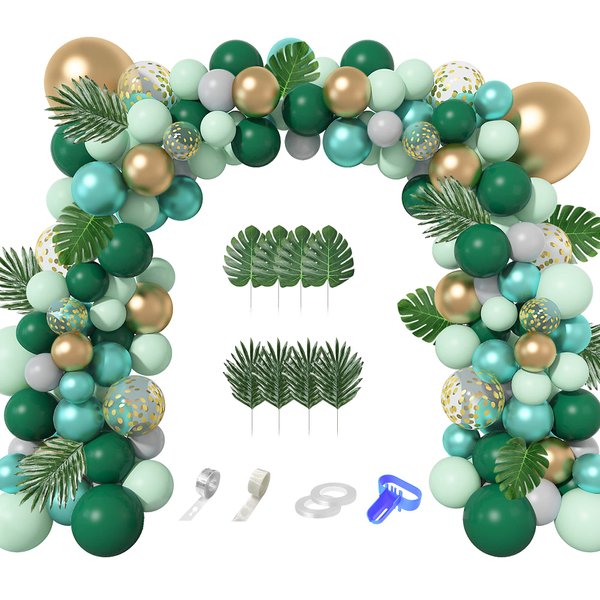 Jungle Safari Party Balloons Arch Garland Kit, 139Pcs Metallic Gold Green Confetti Balloons with Tropical Palm Leaves for Animal Wild One Birthday Dinosaur Party Safari Baby Shower for Boys Supplies