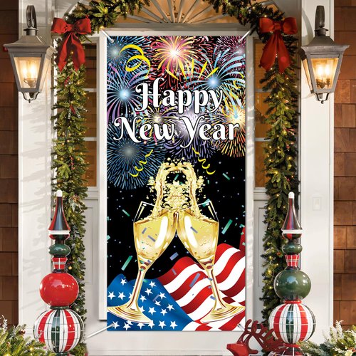Happy New Year Door Cover Banner 2025 New Years Eve Door Decorations Colorful Fireworks New Year Banner Hanging Backdrop Sign for New Year Holiday Winter Indoor Outdoor Party Supplies