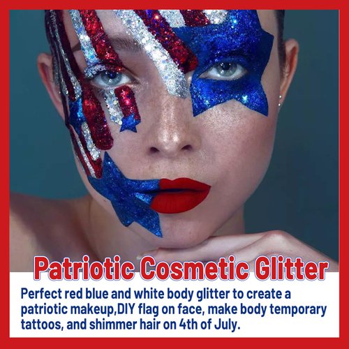 Allstarry Chunky Body Glitter 4 Colors Cosmetic Patriotic Face Glitter Veterans Day Eye Flakes Independence Day Hair Sequins Sparkle 4th of July Accessories for Women Face Paint Makeup Nails Art