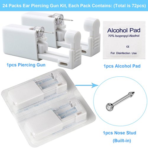 Ear Piercing Gun Kit - Judero 72Pcs Disposable Ear Piercing Kit Including 24Pcs Self Ear Piercing Gun with 24Pcs Built-in Earrings Stud and 24Pcs Clean Tools for Ear Cartilage Piercing Kit