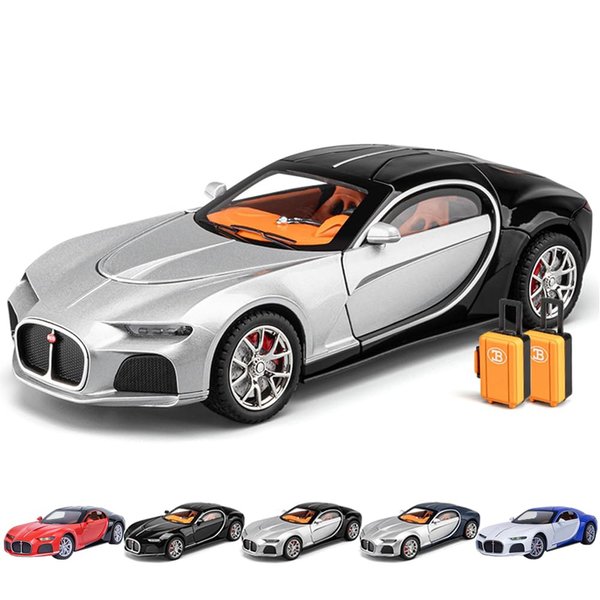 Addcean Model Car 1/24 Bugatti Toy Car, Atlantic Alloy Die Cast Cars Model Car for Kids Birthday Christmas Party Gift, Pull Back Toy Cars with Sound and Light (Silver-Black)