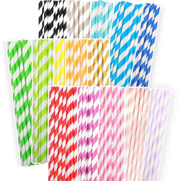 Eco-Friendly Stripes Rainbow Drinking Paper Straws 150 packs Biodegradable Disposable Straws Bulk(15 Color Mulit) qiqee
