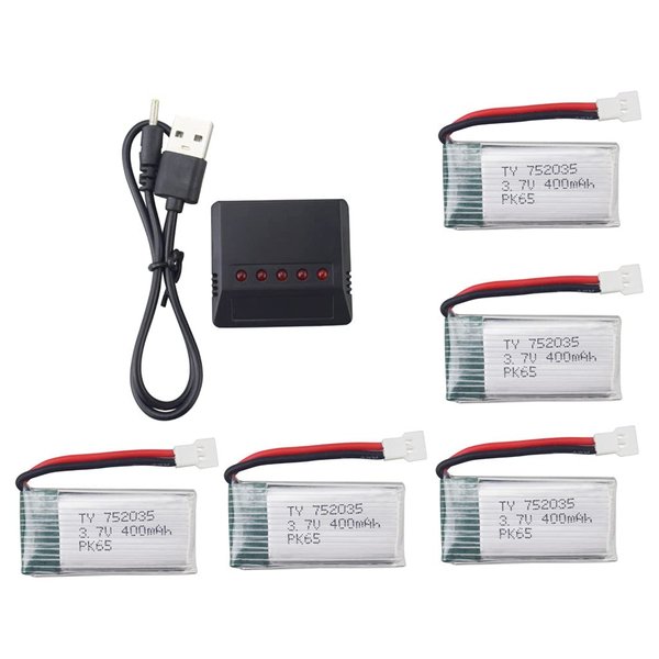 Fytoo 5PCS 3.7V 400mAh Lithium Battery with 5 in 1 Charger for SYMA Q11 H99W H31 H6C H98 AT-96 TR-C385 TR-P51 TR-F22 Quadcopter Spare Parts Aircraft Model Drone Battery (Black)