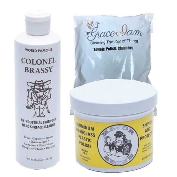 Grace I am Colonel Brassy Chrome Surface Cleaner 16oz bundled with Major Shine Aluminum polish 5oz + 2 microfiber cleaning cloths