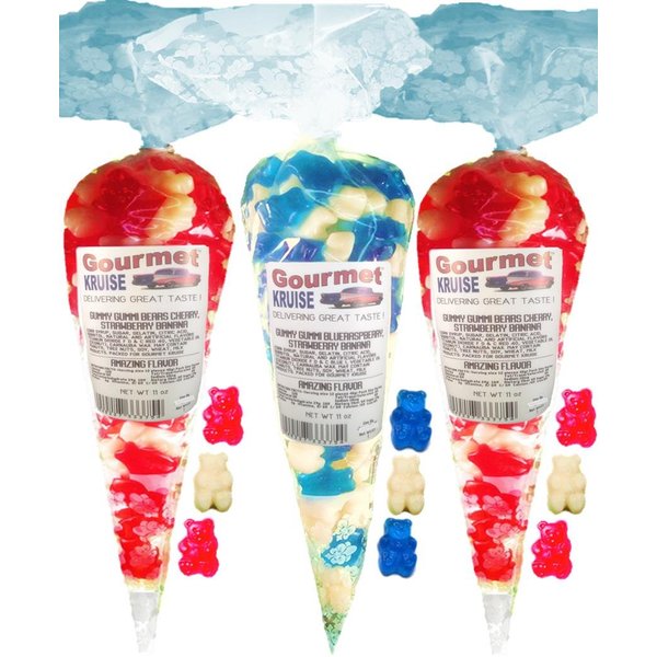 Red White Gummy Bears (2) Wild Cherry Strawberry Banana (1) Blue Raspberry White Strawberry Banana Gummi (NET WT 33 OZ) Gourmet Kruise Signature Gift Bags
