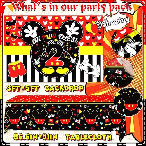 132pcs Oh Twodles Birthday Party Supplies Boy, Red Mouse 2nd Birthday Decorations Supplies, Balloons Arch Banner Backdrop Tablecover Cake Topper for Black Mouse Themed Boy 2 Years Old Birthday