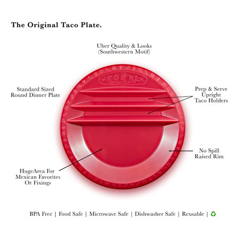 Taco Mex Taco Plate, Reusable, Round, Preparation and Serving Plate, for Soft and Hard Shell Tacos, 10.75 inch Plastic, Uber Look and Quality, Microwave Safe, 1 Pack, Red
