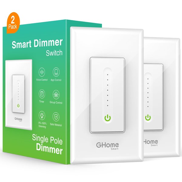 GHome Smart Dimmer Switch Work with Alexa Google Home, Neutral Wire Required 2.4GHz Wi-Fi Switch for Dimming LED CFL INC Light Bulbs, Single Pole, UL Certified, No Hub Required, 2Pack