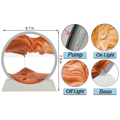 Szoranct Moving Sand Art Lamp Round Glass Flowing Sand Frame, Sand Art Liquid Motion and 3D Deep Sea Moving Sandscapes, for Office Desk Decor in Calming Corner (7", Yellow with Light)