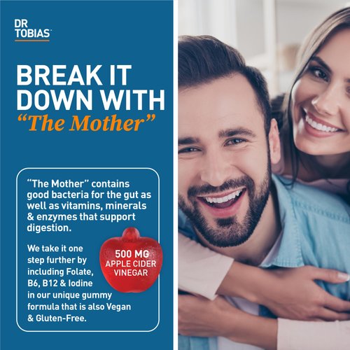 Dr. Tobias Apple Cider Vinegar Gummies, Includes 500 mg Apple Cider Vinegar with Mother, Folate, B12 & Iodine, Supports Gut Health, Cleanse & Detox, Vegan & Gluten-Free, 120 Gummies