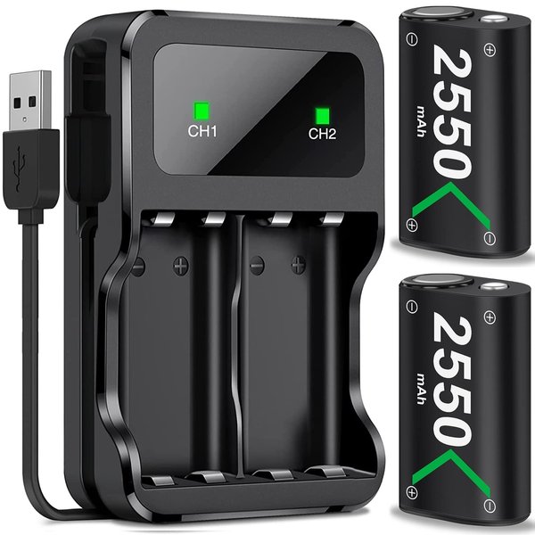 Mocagen Rechargeable Battery Pack for Xbox One/Xbox Series X|S Controller Battery, 2 X 2550mAh One S/Xbox X/Xbox Elite Batteries, 2 Pack-Green (Q08S-MG-US)