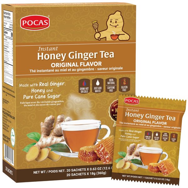 Pocas Honey Ginger Tea - Instant Tea Powder Packets with Ginger Honey Crystals Tea, Non-GMO/Gluten Free/Caffeine Free, 20 Count