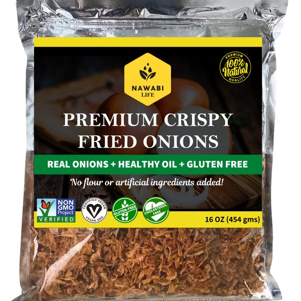 Crispy Fried Onions | 100% Natural (Non-GMO) | Gluten Free | KETO Friendly | No Sodium | Low Carb | Resealable Bag | 16 oz | By Nawabi Life