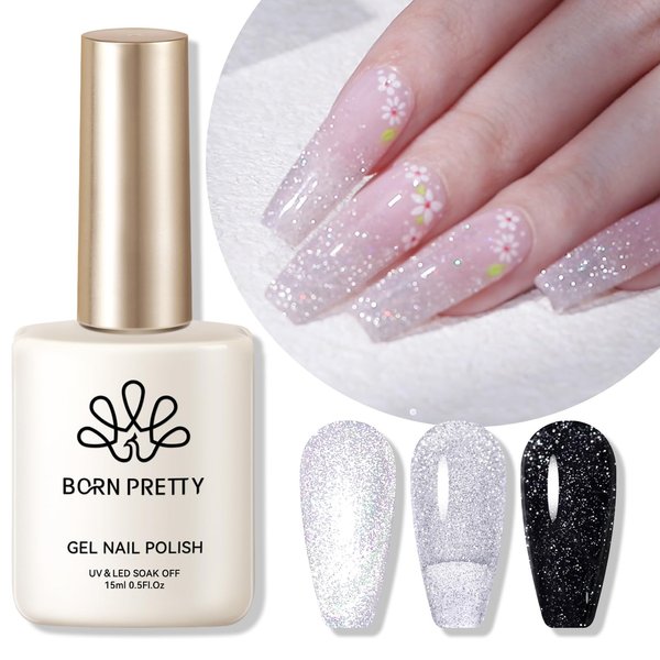 Born Pretty Silver Reflective Glitter Gel Nail Polish Holographic Transparent Glitter Gel Polish Sparkly Shiny Disco DJ LED Gel Nail Polish Nail Varnish 15ML