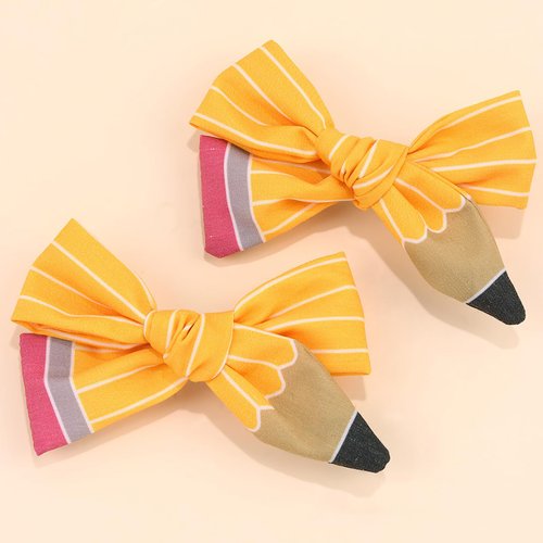Pencil Bow Hair Clip Back to School Bow Alligator Clips Funny Yellow Pencil Hair Pins Bowknot White Striped Hair Clip Design First Day Of School Party Hair Decoration for Girl Women (Yellow pencil)