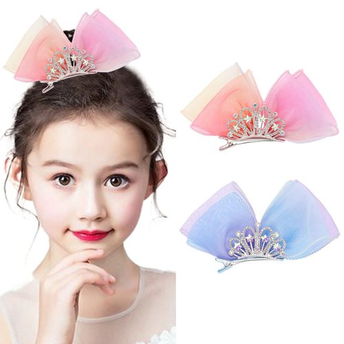 Bartosi Bow Hair Clips Pink Bow Hair Barrettes Blue Hair Bows Clip Princess Mini Birthday Crown Hair Styling Accessories for Girls and Kids (Pack of 2)