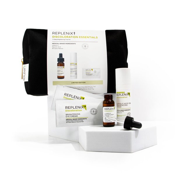 Replenix Discoloration Essentials 3 Step Brightening Medical-Grade Trial Kit (Set Includes Travel-Size Glycolic Acid Resurfacing Cream, Vitamin C Pro Collagen Serum, Brightening Eye Cream)