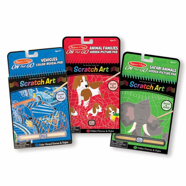 Melissa & Doug On the Go Scratch Art Activity Books 3-Pack - Safari Animals, Animal Families, Vehicles - FSC Certified