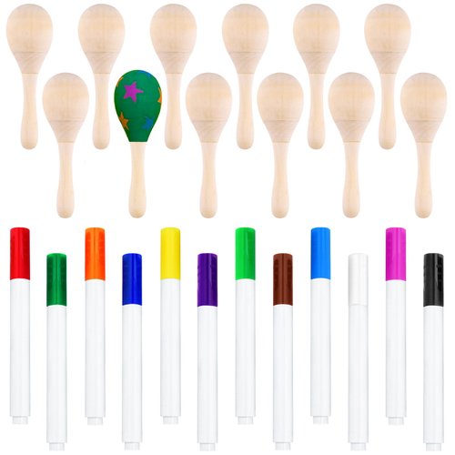 Morcheiong 12Pcs DIY Mini Wooden Maracas for Kids with 12Pcs Multicolor Pens, Fiesta Mexican Maracas Favors, Cinco De Mayo Party Supplies Decorations