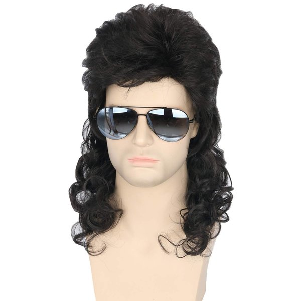 Topcosplay Men Wigs 80s Mullet Wig Black Curly Male Wig Halloween Costumes Punk Rocker Wig Long