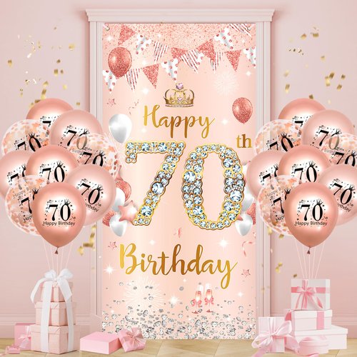 70th Birthday Party Decorations for Women Rose Gold Happy 70th Birthday Banner with 18pcs 70th Balloons 70th Door Cover Backdrop Set for Women Birthday Anniversary Party Sign Porch Decor Supplies