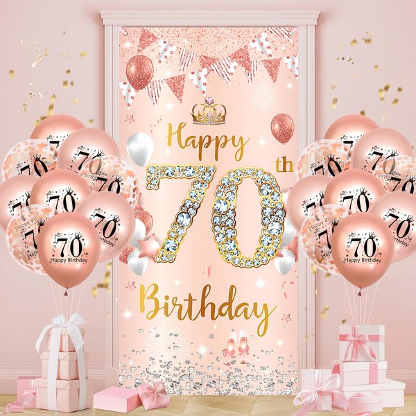 70th Birthday Party Decorations for Women Rose Gold Happy 70th Birthday Banner with 18pcs 70th Balloons 70th Door Cover Backdrop Set for Women Birthday Anniversary Party Sign Porch Decor Supplies