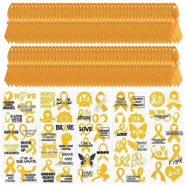 WANDIC Gold Ribbon Awareness Kit, 100PCS Ribbon Pins 10 Sheets Temporary Tattoo for Childhood Cancer for Public Benefit Activities