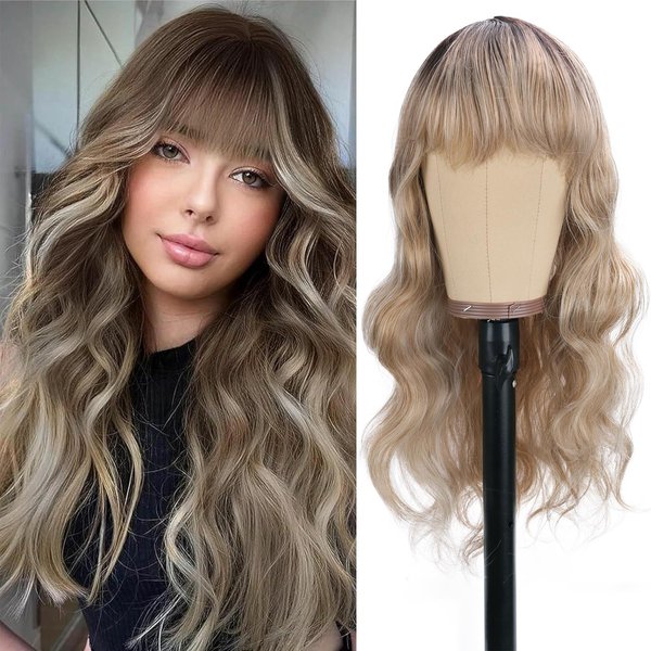 ihkwlma Long Wig with Bangs, Long Black Wavy Wigs for Women Synthetic Wigs Natural Black Curly Hair Wig for Girls Daily Party Use (24 Inch, Ombre Blonde)