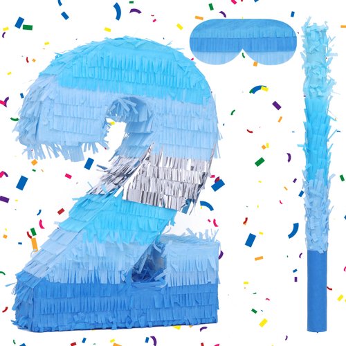 Birchio Number 2 Pinata Bundle with a Blindfold and Bat(16.2 x 11.2 x 4 Inches), Perfect for Boys and Girls Birthday Party Supplies, Blue Theme Birthday Decoration