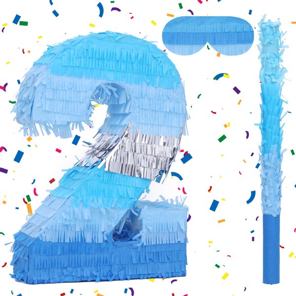 Birchio Number 2 Pinata Bundle with a Blindfold and Bat(16.2 x 11.2 x 4 Inches), Perfect for Boys and Girls Birthday Party Supplies, Blue Theme Birthday Decoration