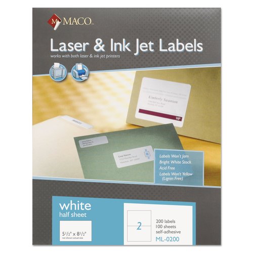 MACO Laser/Ink Jet White COVER-ALL Internet Shipping Labels, 5-1/2" x 8-1/2", 2 per Sheet, 200 per Box (ML-0200)
