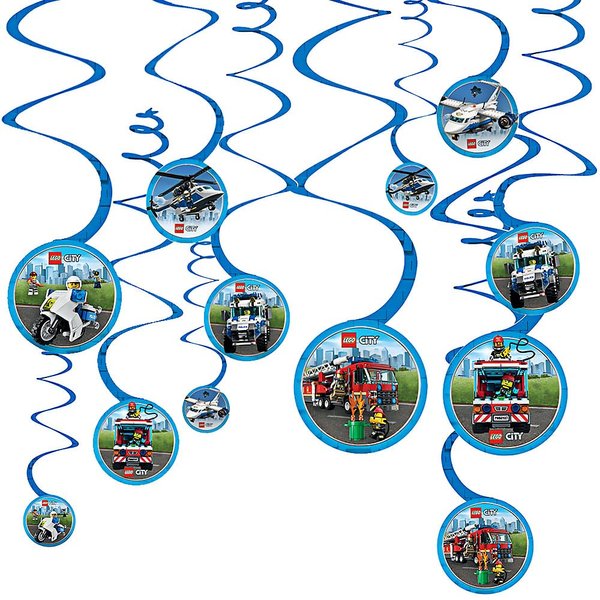Stunning Lego City Spiral Decorations - Pack of 12 - Blue Foil & Paper Hanging Swirls - Perfect for Kids' Lego-Themed Parties & Events