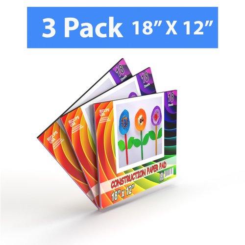 Construction Paper (3 Pack), Construction Paper Book, 18 x 12 Construction Paper Assorted Colors, Construction Paper for Kids, Color Art Paper, 18 Sheets Per Book (3 Pack)